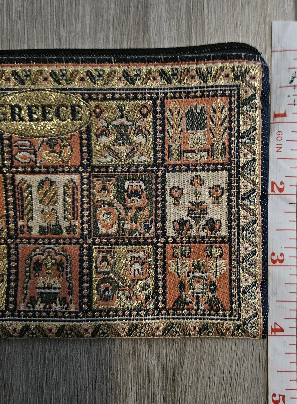 Source Unknown Greece Tapestry Zip Pouch - Black, Cream, Brown, Green, Orange